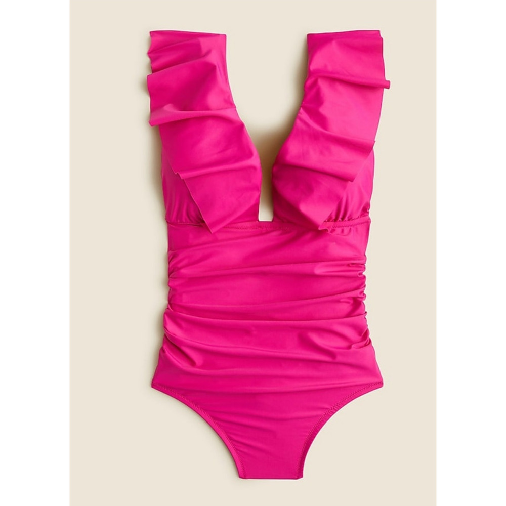NWT J. Crew Pink Fushia One Piece Swim Suit Ruched Ruffle V Neck Women's 4
